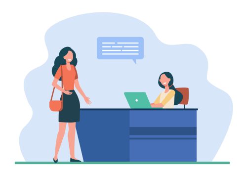 Female client or visitor talking with receptionist. Desk, speech bubble, laptop flat vector illustration. Service and communication concept for banner, website design or landing web page