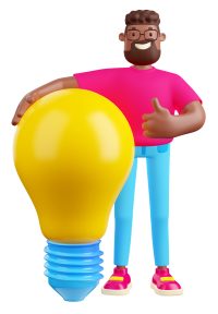 3d render man with new idea, black male character holding big glowing light bulb showing thumb up. Insight, creative solution, education or business success, Cartoon illustration in plastic style